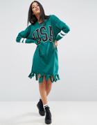 Asos Sweat Dress With Distressed Hem In Usa Print - Green
