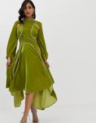 Asos Design Midi Dress In Velvet With Rhinestone Trim - Green