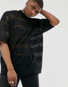 Asos Design Oversized T-shirt With Half Sleeve In Black Geo Mesh