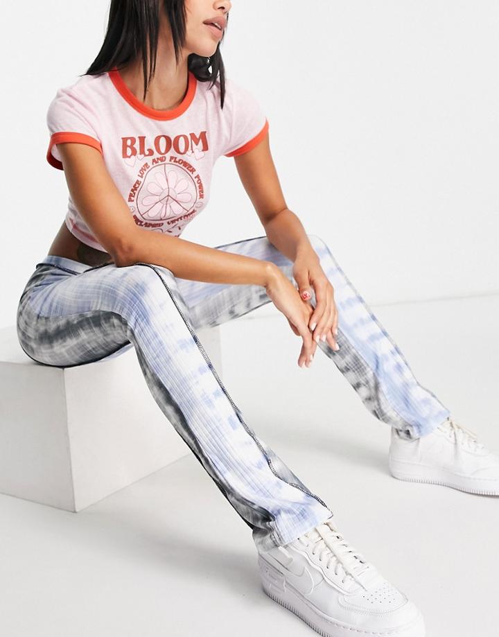 Asos Design Rib Flare Pants With Exposed Seam In Cut About Tie Dye Print-multi