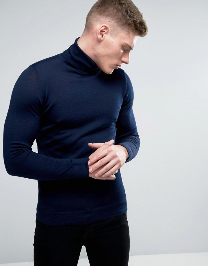 Lindbergh Sweater With Roll Neck In Navy Merino Wool - Navy
