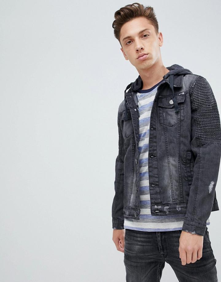 Brave Soul Washed Black Jersey Hood Denim Jacket - Black