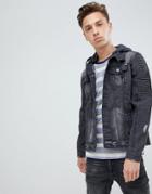 Brave Soul Washed Black Jersey Hood Denim Jacket - Black