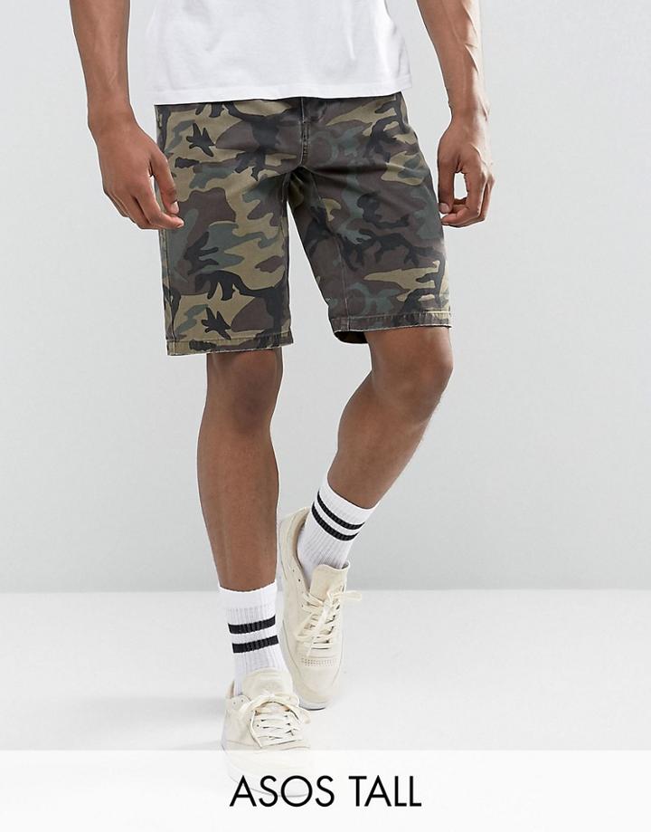 Asos Tall Slim Chino Shorts In Camo - Green