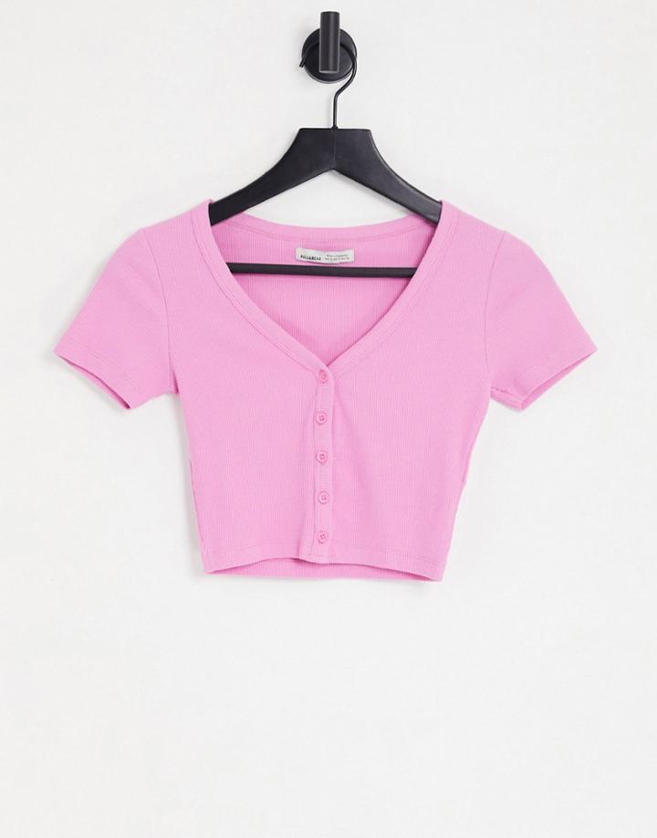Pull & Bear Cropped Button Down T-shirt In Pink