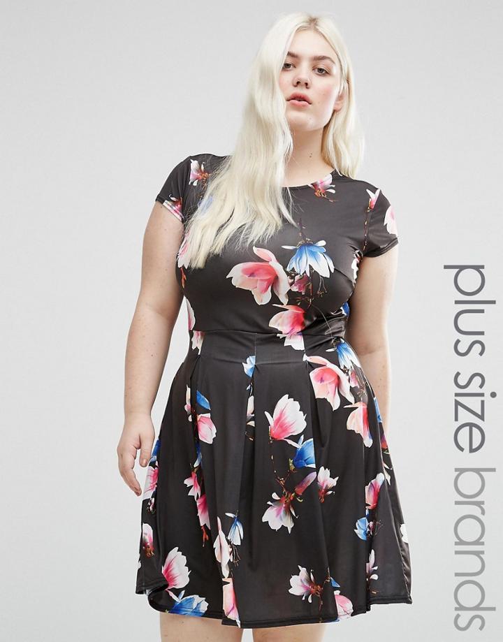 Praslin Plus Floral Print Skater Dress - Black
