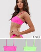 Asos Design Mix And Match Multi Pack Thin Strap Square Crop Bikini Top In Neon Green And Neon Pink - Multi