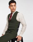 Asos Design Wedding Skinny Wool Mix Suit Vest In Dark Green Basketweave Texture