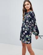 Qed London Floral Shift Dress With Tie Detail - Navy