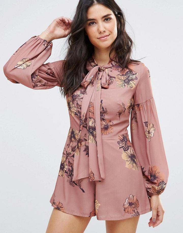 Oh My Love Printed Bell Sleeve Romper With Neck Tie - Pink