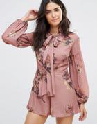 Oh My Love Printed Bell Sleeve Romper With Neck Tie - Pink