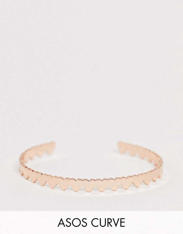 Asos Design Curve Cuff Bracelet In Heart Design In Rose Gold Tone - Gold