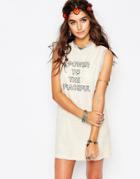 Native Rose Lace Tunic Dress With Embroidered Festival Slogan - Cream