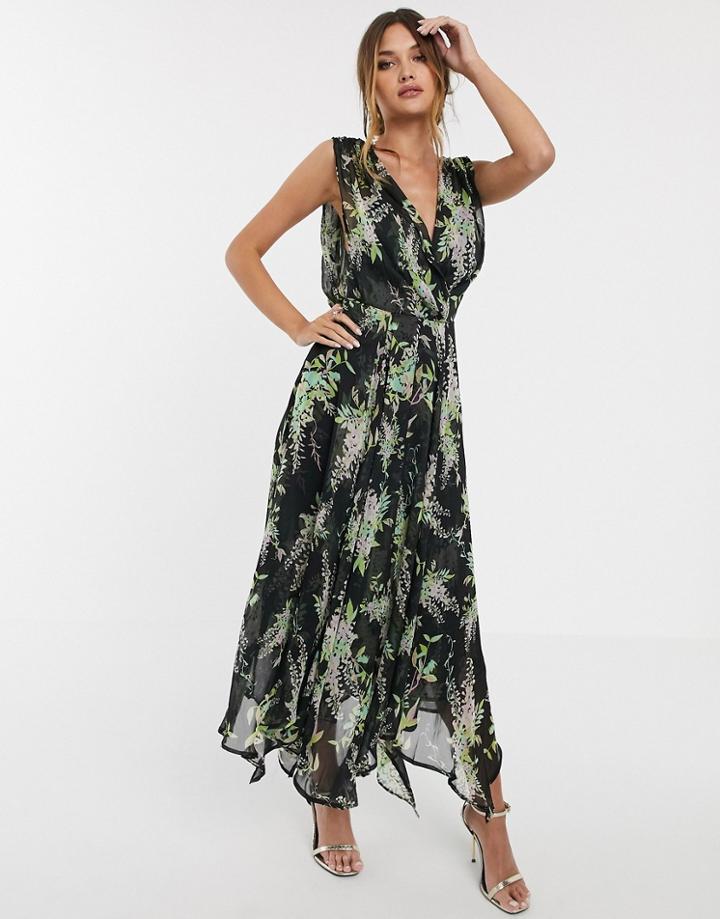 Asos Design Wrap Bodice Maxi Dress With Drape Back In Lilac Floral Print With Black Base