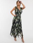 Asos Design Wrap Bodice Maxi Dress With Drape Back In Lilac Floral Print With Black Base