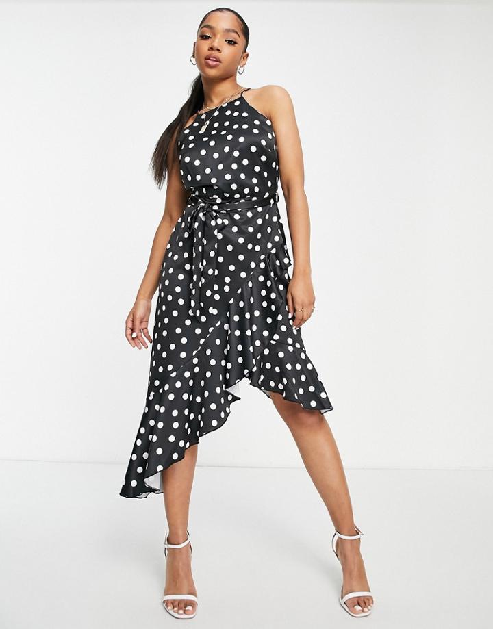Style Cheat High Neck Ruffle Midi Dress In Polka Dot Print-black