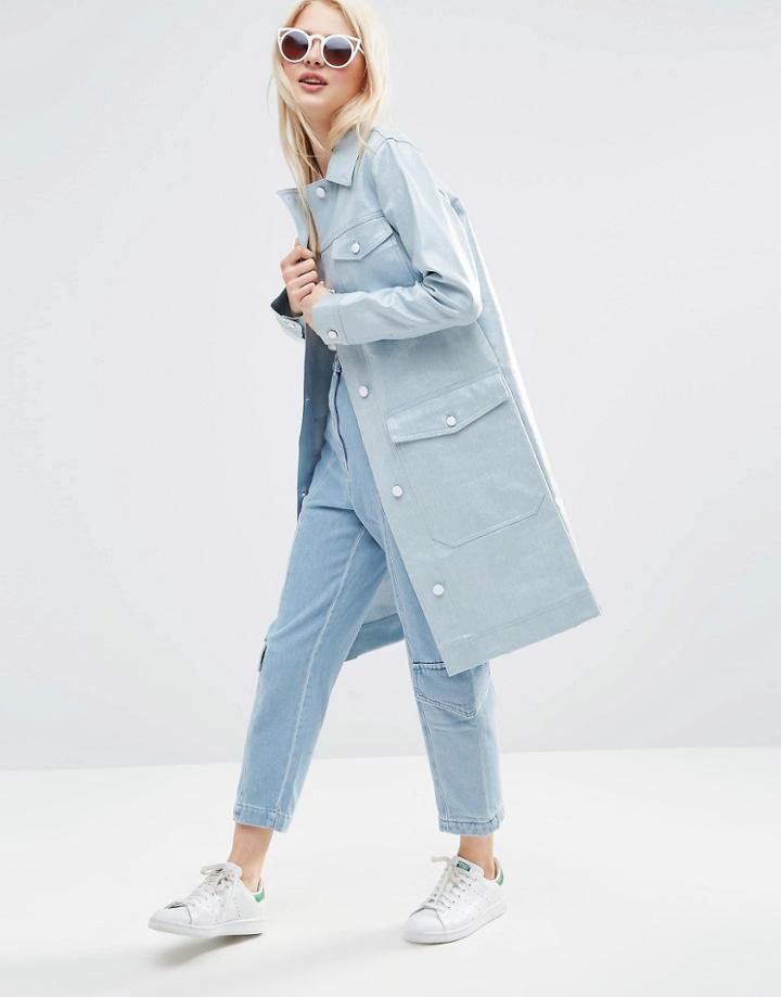Asos Premium Rain Trench In Coated Denim - Light Blue