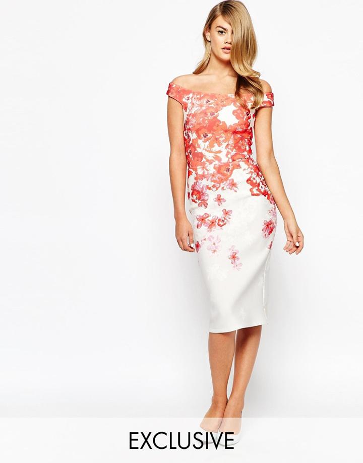True Violet Bardot Pencil Dress With Ombre Floral Print - Red Floral
