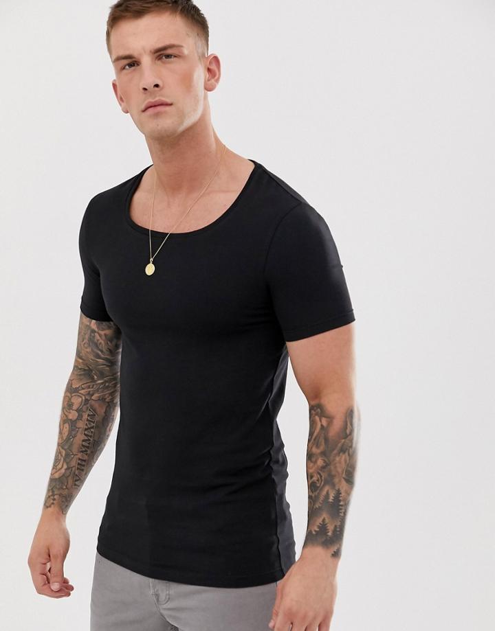 Asos Design Muscle Fit T-shirt With Scoop Neck In Black - Black