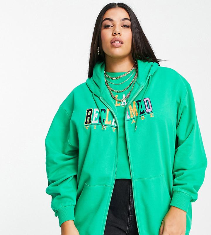 Reclaimed Vintage Inspired Plus Zip Up Hoodie With Logo In Green