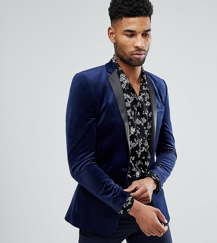 Asos Tall Super Skinny Blazer In Navy Velvet - Navy