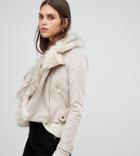 River Island Suedette Biker Jacket With Fax Fur Collar In Beige - Stone