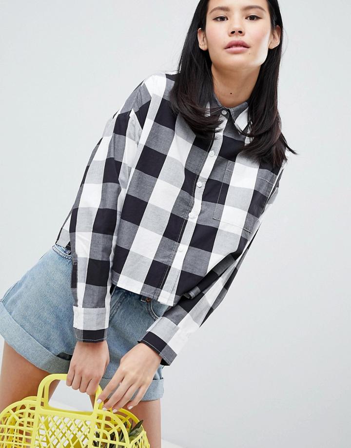Monki Gingham Print Shirt With Oversized Pocket - Black