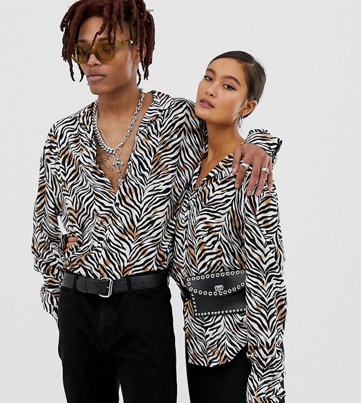 Collusion Unisex Oversized Zebra Print Revere Shirt