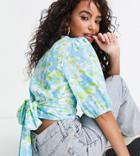 Asos Design Petite Button Front Tea Blouse With Volume Sleeve And Tie Back Detail In Blue & White Floral