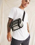 Asos Design Cross Body Bag In Gray Nylon With Black Tech Details