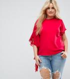Asos Curve T-shirt With Dramatic Assymetric Woven Ruffle - Red
