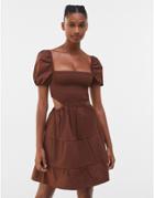 Bershka Poplin Puff Sleeve Mini Dress With Cut Out Detail In Brown