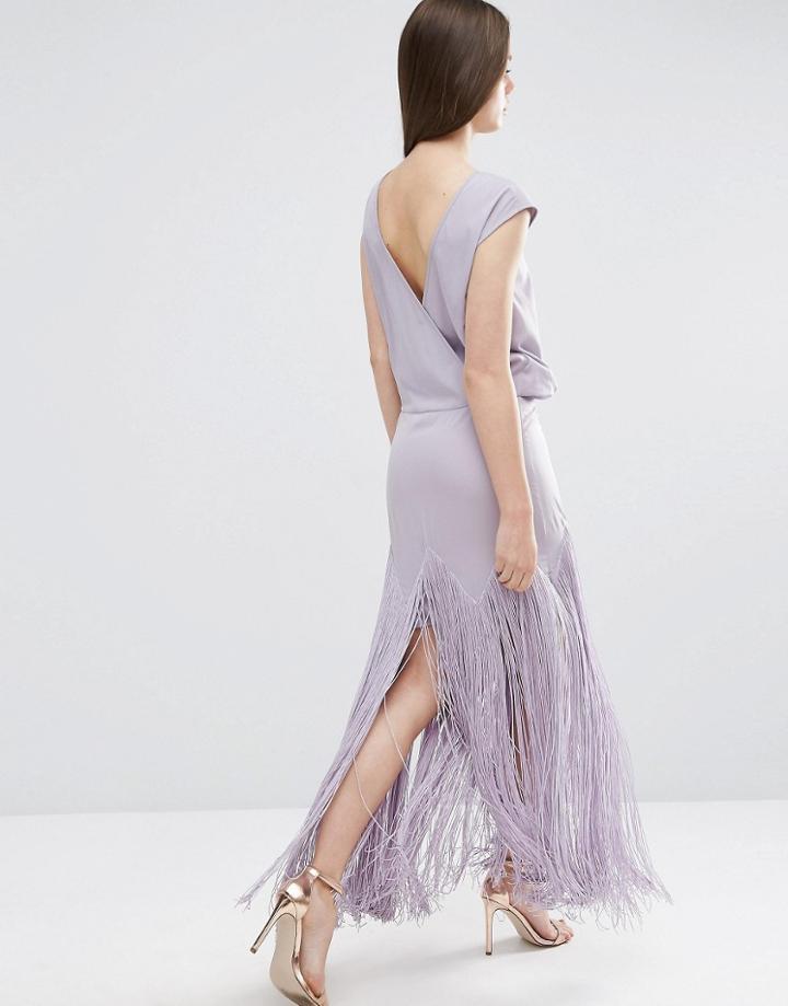 Asos Fringe Maxi Dress With Deep V Back - Lilac
