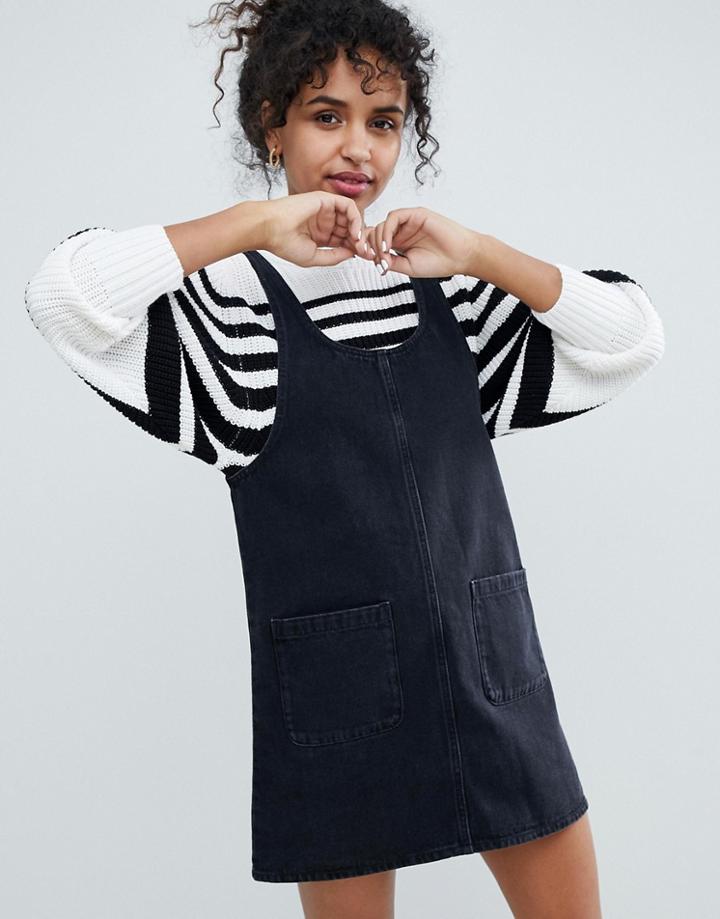 Monki Denim Pinny Dress With Organic Cotton In Black - Black