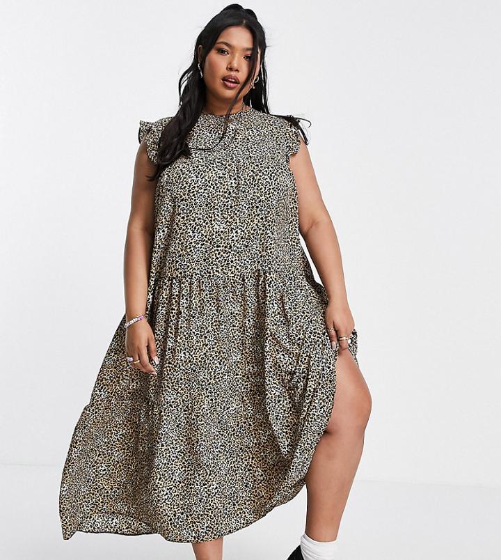 Asos Design Curve Sleeveless Tiered Midi Dress With Frills In Leopard Print-multi