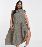 Asos Design Curve Sleeveless Tiered Midi Dress With Frills In Leopard Print-multi