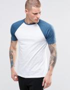 Asos T-shirt With Contrast Raglan Sleeves In White/blue Marl - White