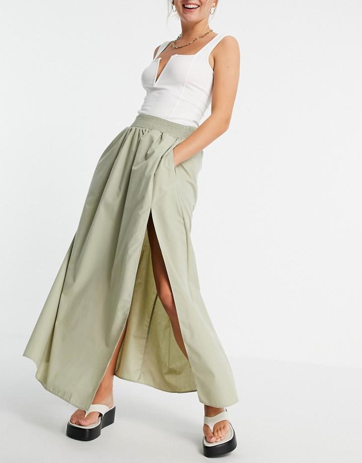 Asos Design Cotton Maxi Skirt With Side Split Detail In Khaki-green