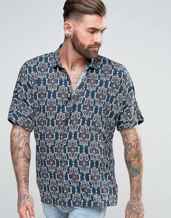 Asos Regular Fit Viscose Shirt With Batwing In Paisley Print - Navy