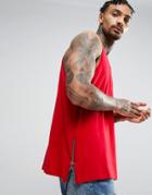 Asos Oversized Longline Sleeveless T-shirt With Heavy Side Zips In Bright Red - Red