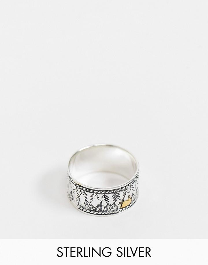 Asos Design Sterling Silver Band Ring With Forest Landscape Design In Silver-gold