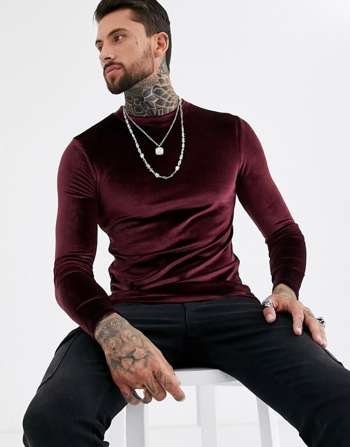 Asos Design Long Sleeve T-shirt In Oxblood Velour-red