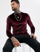 Asos Design Long Sleeve T-shirt In Oxblood Velour-red