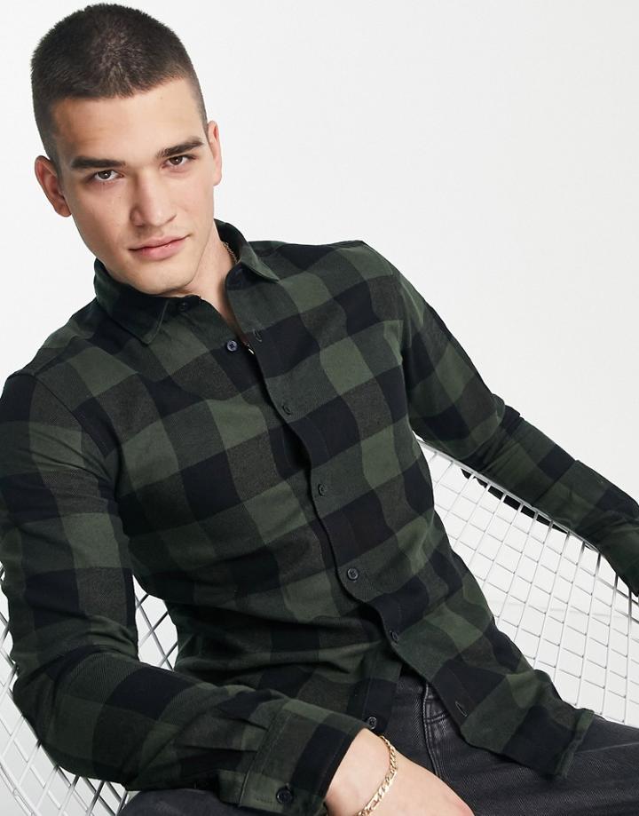 Only & Sons Buffalo Plaid Slim Fit Shirt In Khaki-green