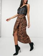 Asos Design Wrap Midi Skirt In Tiger Print-multi