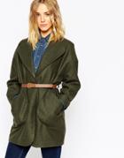 Asos Coat In Cocoon Fit With Patch Pockets And Belt - Khaki