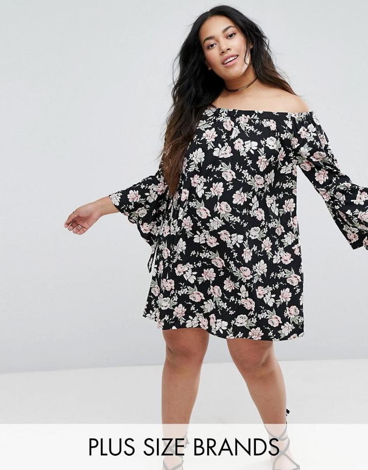 Influence Plus Bardot Dress With Flare Sleeve - Black