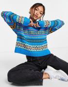 Asos Design Sweater In All Over Fairisle Pattern-blues