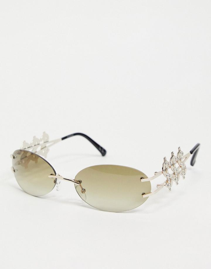 Asos Design Round Sunglasses In Gold With Dollar Signs Detail And Smoke Lens