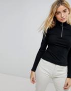 Daisy Street Long Sleeve Top With Ring Pull Half Zip - Black